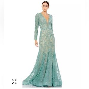 BEADED ILLUSION LONG SLEEVE PLUNGE NECK GOWN